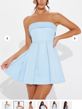 Fashion Nova Strapless Pleated Mini Dress in Light Blue